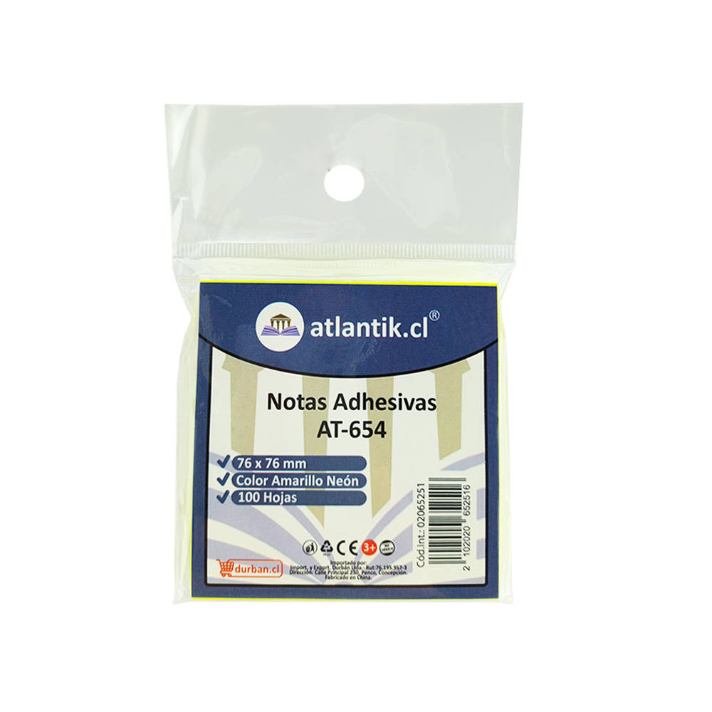 NOTAS ADHESIVAS 654 76X76mm AMARILLO NEON 100hj ATLANTIK 