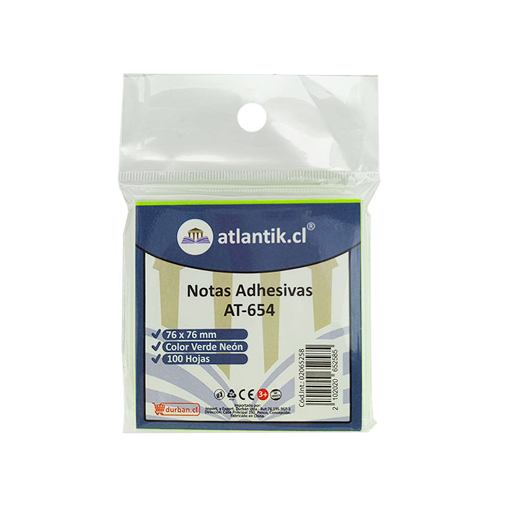 NOTAS ADHESIVAS 654 76X76mm VERDE NEON 100hj ATLANTIK 